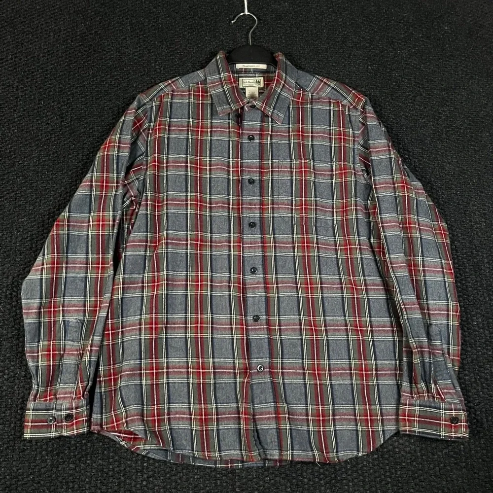 LL Bean Mens Flannel Shirt Medium Traditional Fit‎ Blue Red Plaid Cotton 228061